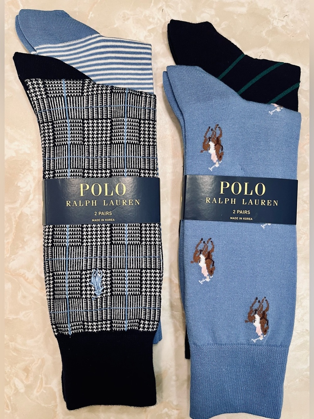 Polo by Ralph Lauren Men’s Crew Socks - Blue & Black - 2 Pairs (4pr.)